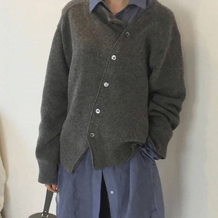 Women's Asymmetric Button Cardigan - Long Sleeve Knit Sweater