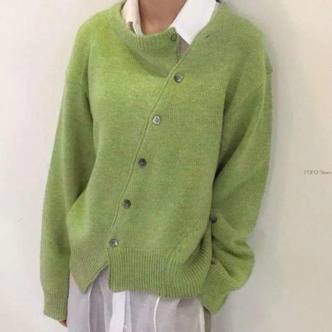 Women's Asymmetric Button Cardigan - Long Sleeve Knit Sweater