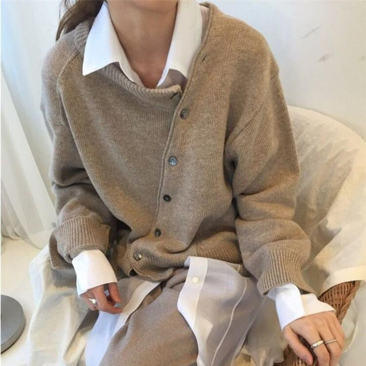 Women's Asymmetric Button Cardigan - Long Sleeve Knit Sweater