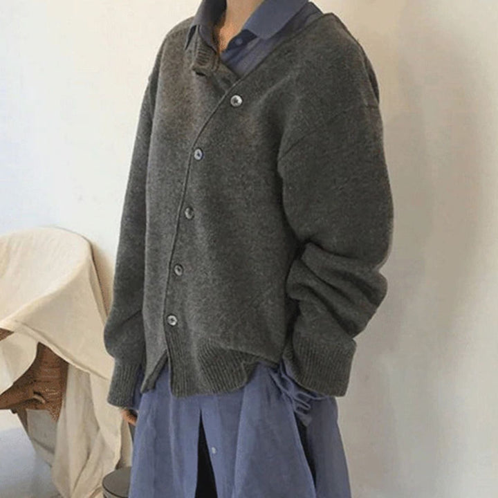 Women's Asymmetric Button Cardigan - Long Sleeve Knit Sweater