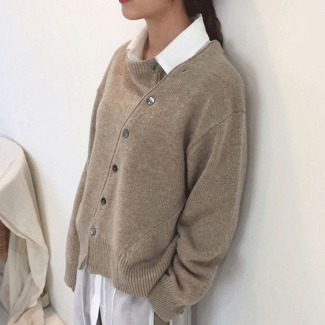 Women's Asymmetric Button Cardigan - Long Sleeve Knit Sweater