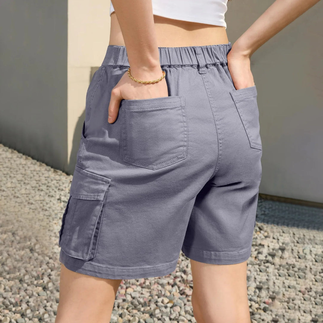 Women's Cargo Shorts - High Waist Woven Knee Length