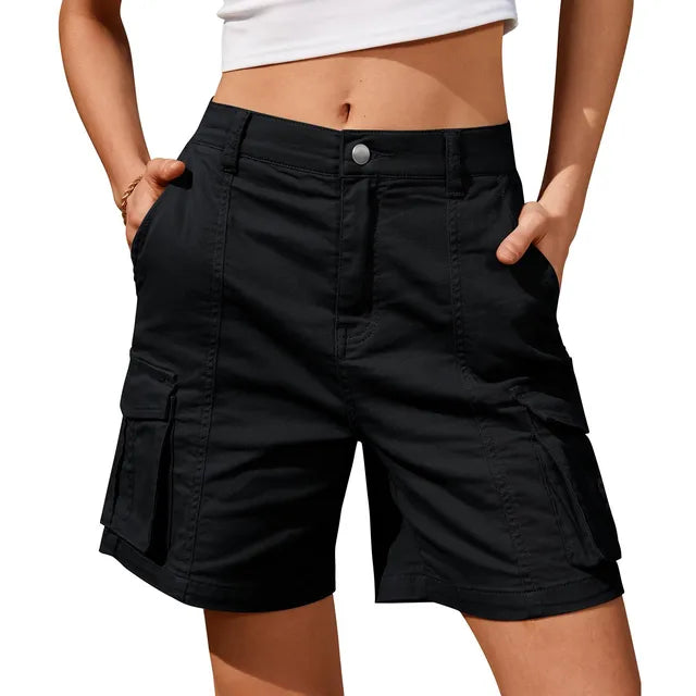 Women's Cargo Shorts - High Waist Woven Knee Length