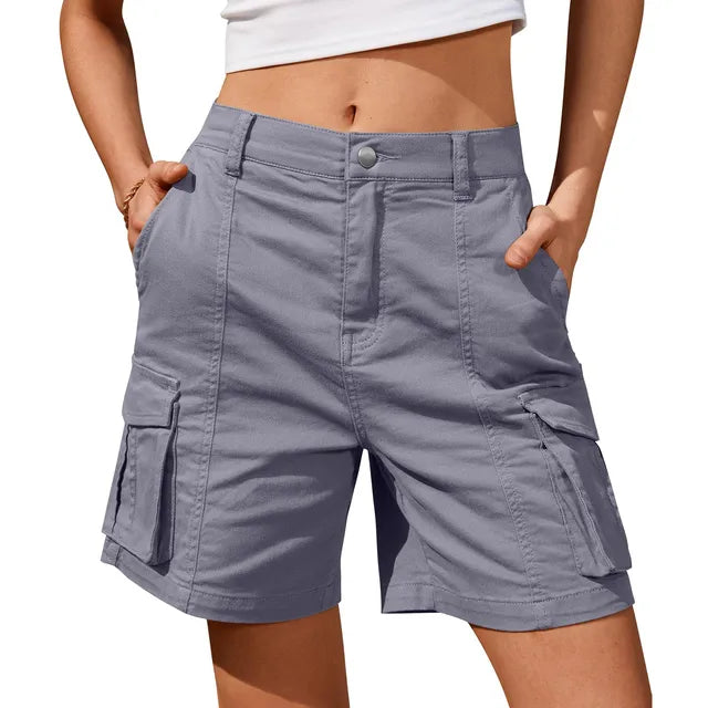 Women's Cargo Shorts - High Waist Woven Knee Length