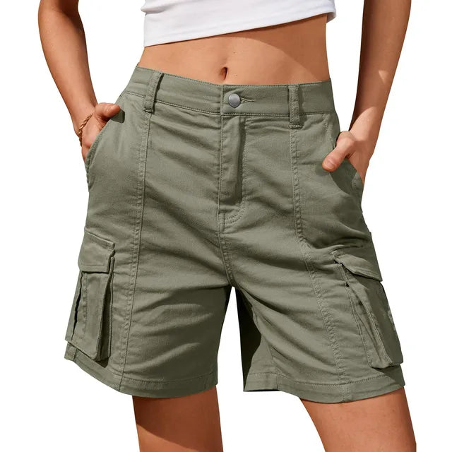 Women's Cargo Shorts - High Waist Woven Knee Length