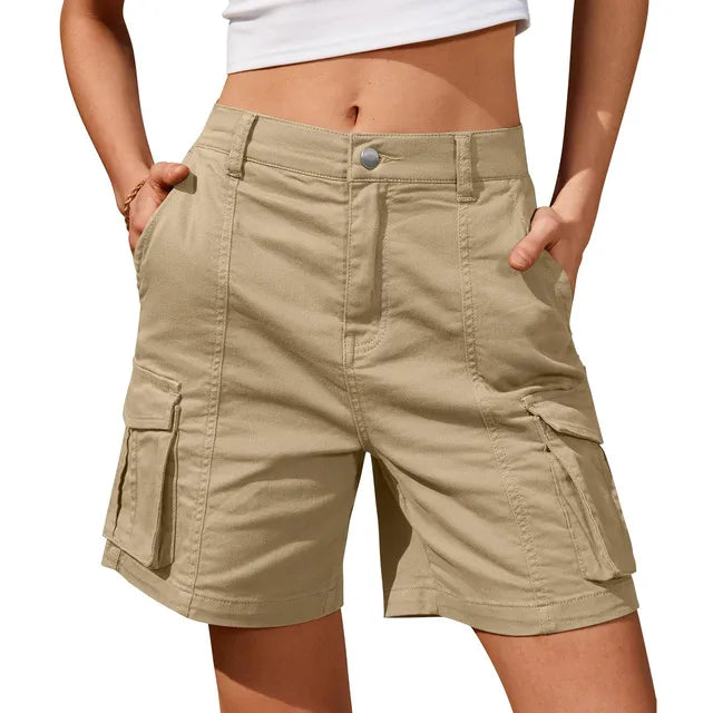 Women's Cargo Shorts - High Waist Woven Knee Length