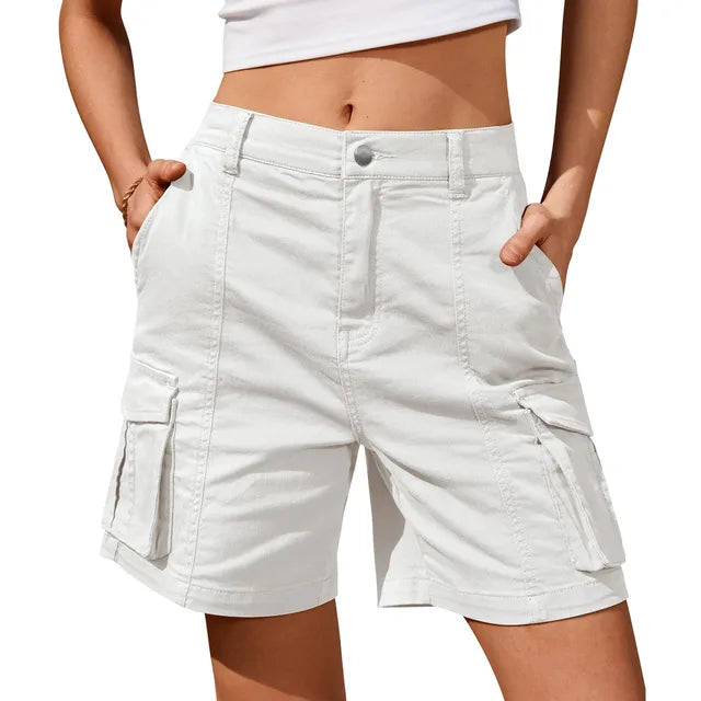 Women's Cargo Shorts - High Waist Woven Knee Length