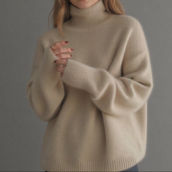Women's Chunky Turtleneck Pullover - Dropped Shoulder Brushed Knit Sweater