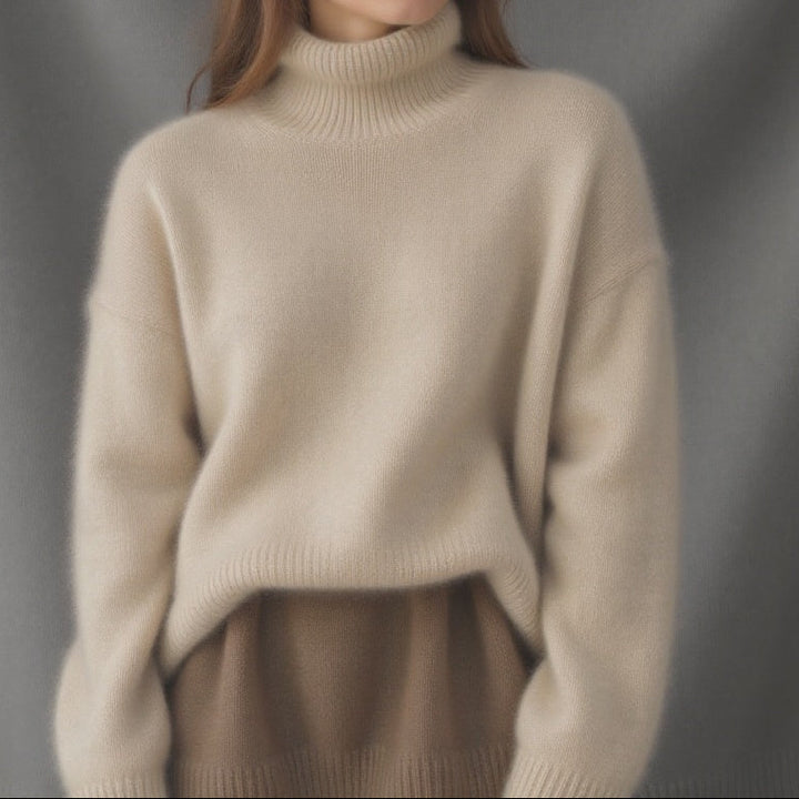Women's Chunky Turtleneck Pullover - Dropped Shoulder Brushed Knit Sweater