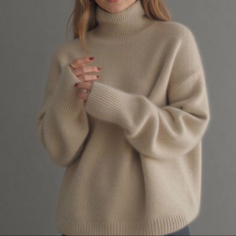 Women's Chunky Turtleneck Pullover - Dropped Shoulder Brushed Knit Sweater