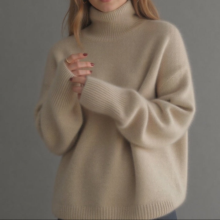 Women's Chunky Turtleneck Pullover - Dropped Shoulder Brushed Knit Sweater