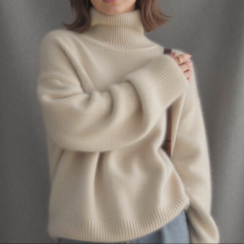Women's Chunky Turtleneck Pullover - Dropped Shoulder Brushed Knit Sweater