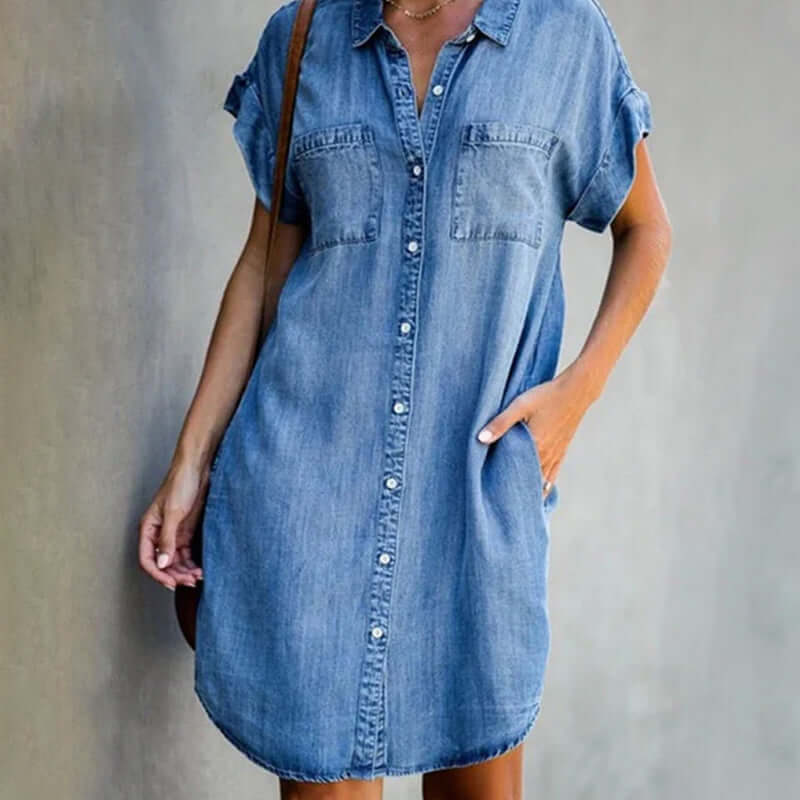 Women's Denim Shirt Dress - Short Sleeve Button Front Chest Pockets