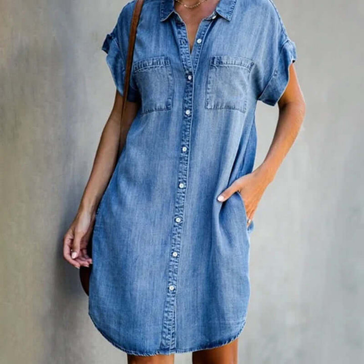 Women's Denim Shirt Dress - Short Sleeve Button Front Chest Pockets