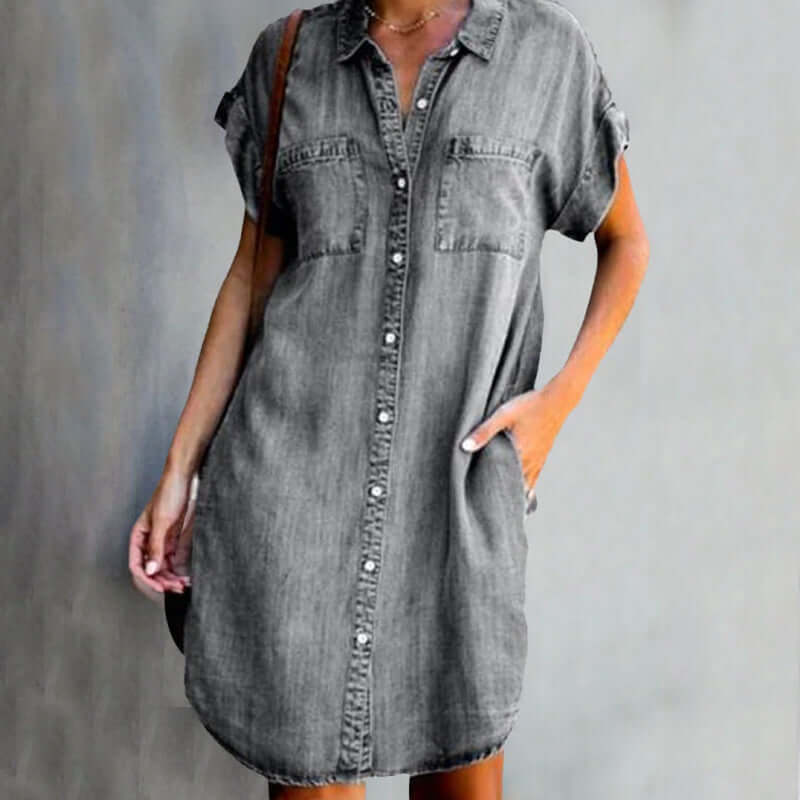 Women's Denim Shirt Dress - Short Sleeve Button Front Chest Pockets