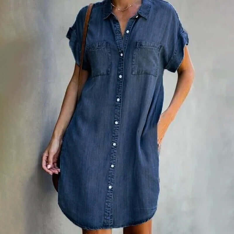 Women's Denim Shirt Dress - Short Sleeve Button Front Chest Pockets