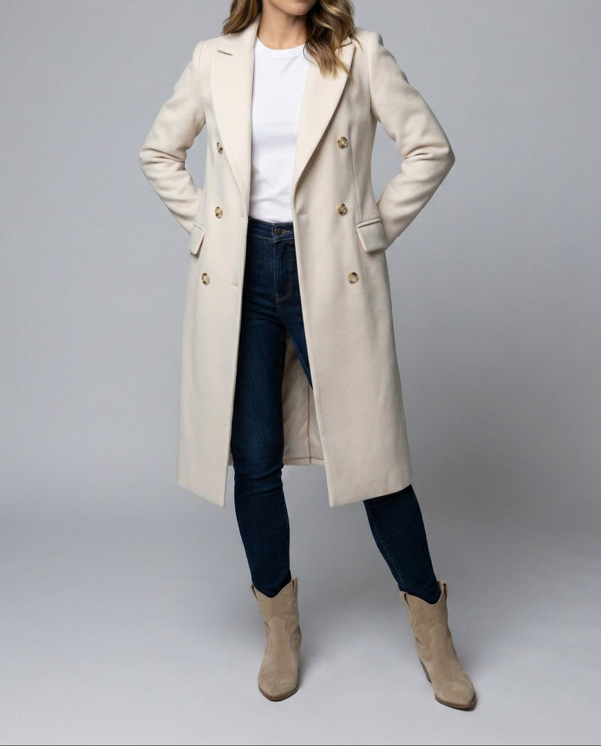 Women's Double Breasted Coat - Longline Peak Lapel Wool Blend