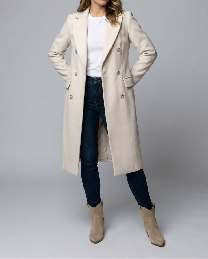 Women's Double Breasted Coat - Longline Peak Lapel Wool Blend
