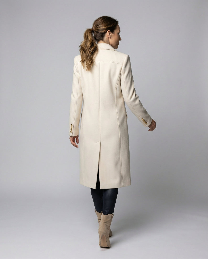 Women's Double Breasted Coat - Longline Peak Lapel Wool Blend