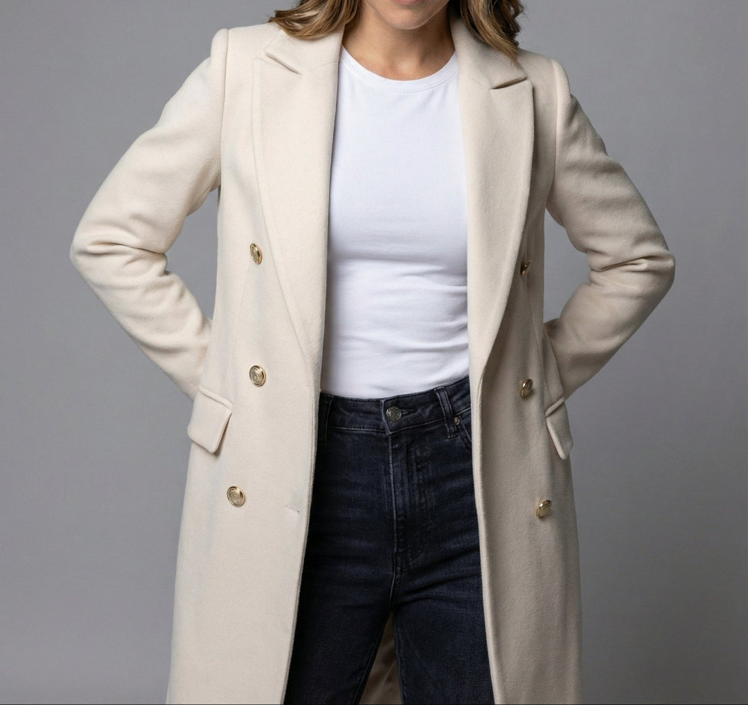 Women's Double Breasted Coat - Longline Peak Lapel Wool Blend
