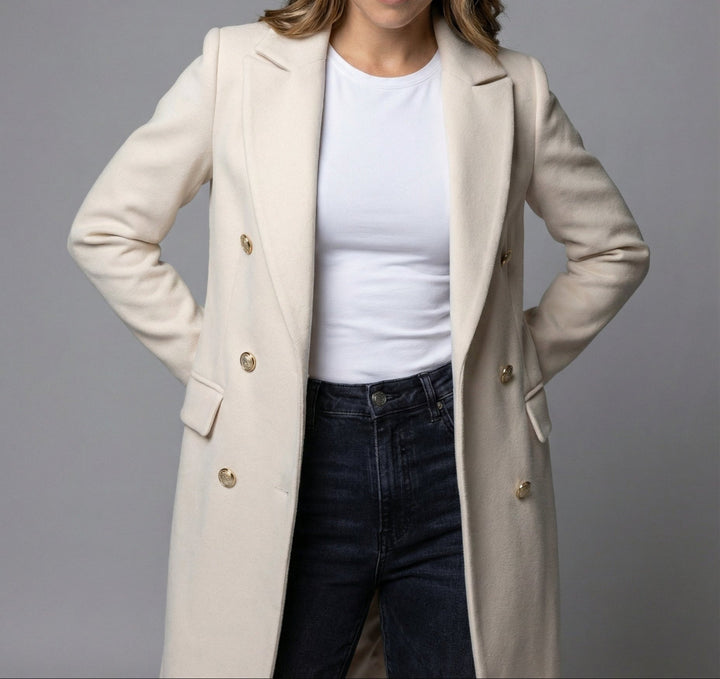 Women's Double Breasted Coat - Longline Peak Lapel Wool Blend
