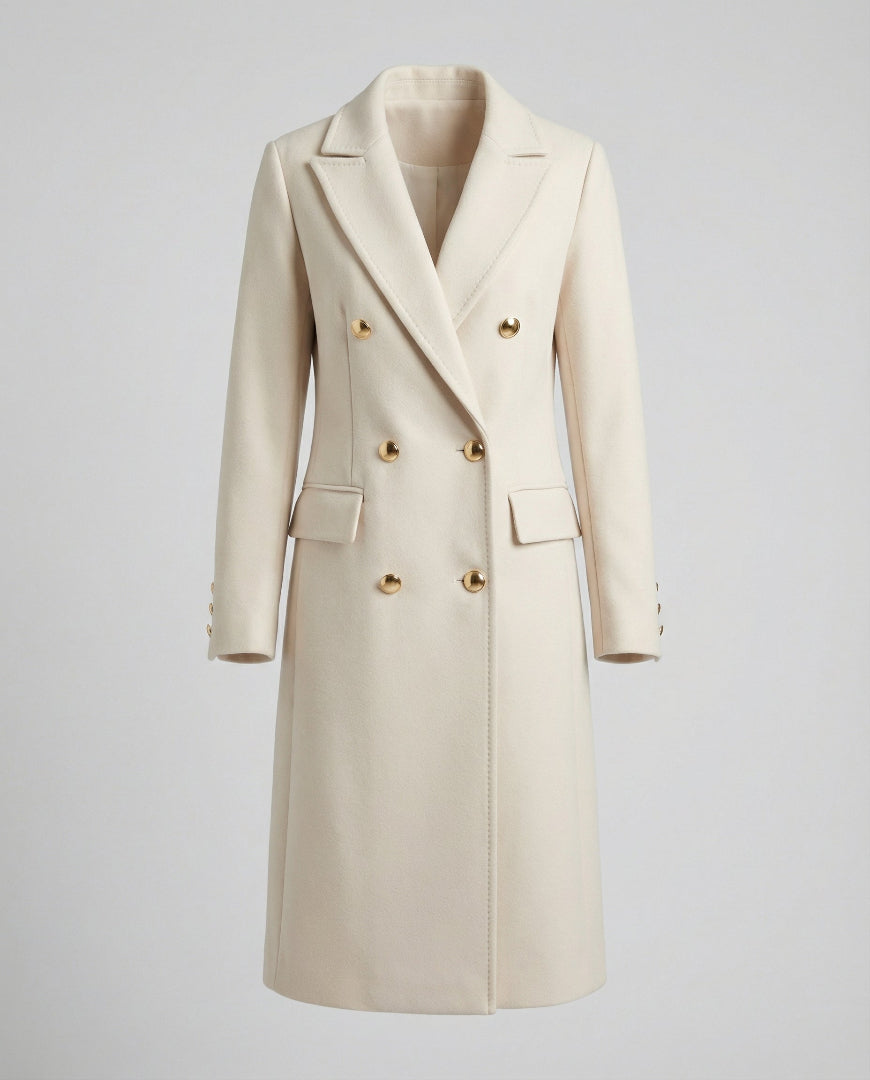 Women's Double Breasted Coat - Longline Peak Lapel Wool Blend