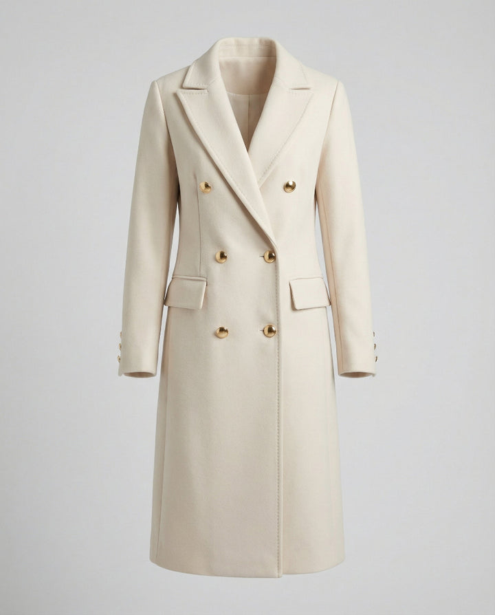 Women's Double Breasted Coat - Longline Peak Lapel Wool Blend