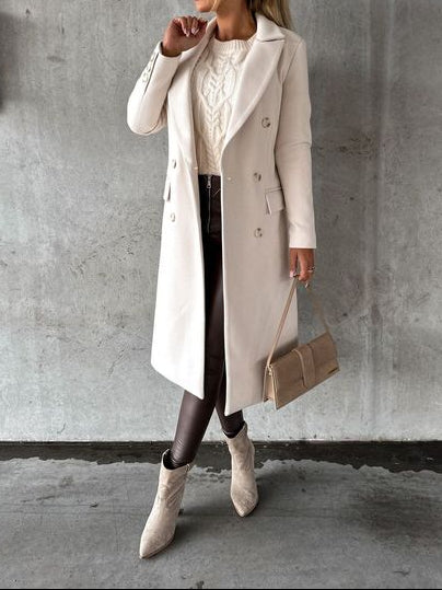 Women's Double Breasted Coat - Longline Peak Lapel Wool Blend