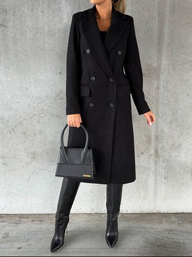 Women's Double Breasted Coat - Longline Peak Lapel Wool Blend