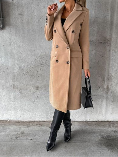 Women's Double Breasted Coat - Longline Peak Lapel Wool Blend