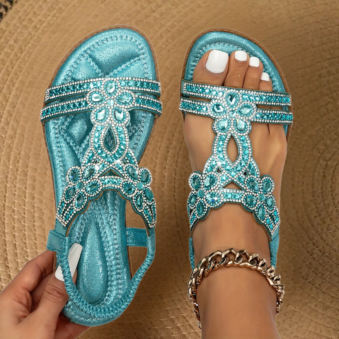 Women's Flat Sandals - Open Toe Rhinestone Elastic Back