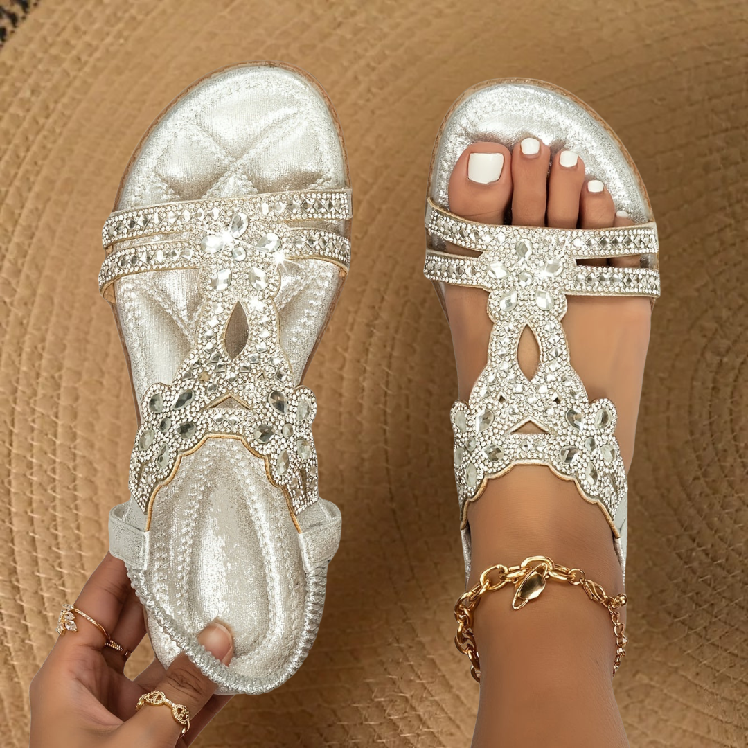 Women's Flat Sandals - Open Toe Rhinestone Elastic Back