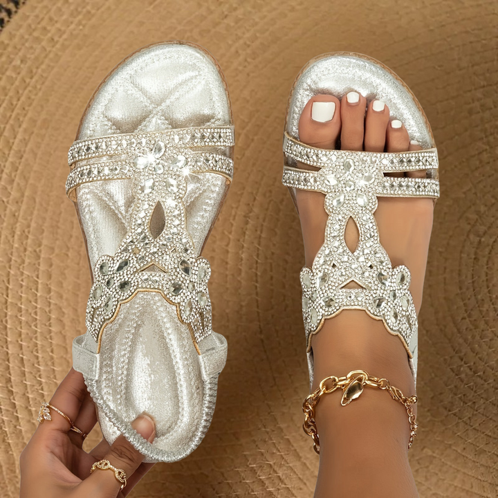Women's Flat Sandals - Open Toe Rhinestone Elastic Back