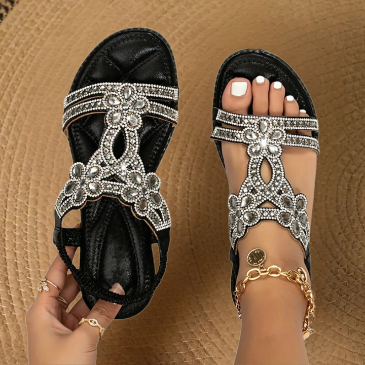 Women's Flat Sandals - Open Toe Rhinestone Elastic Back