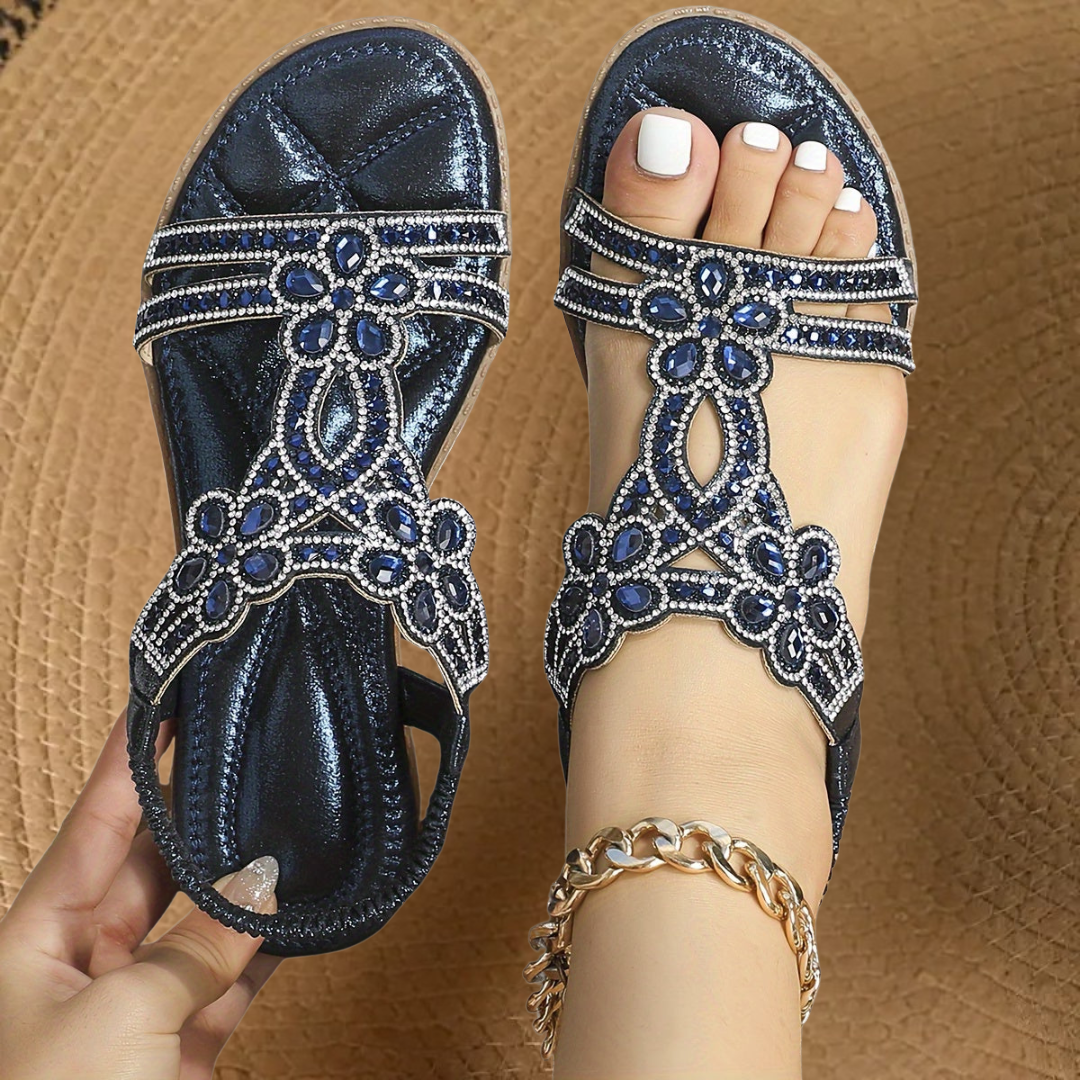 Women's Flat Sandals - Open Toe Rhinestone Elastic Back