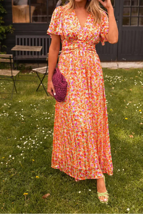 Women's Floral Maxi Dress - V-Neck Short Sleeve Pleated Skirt
