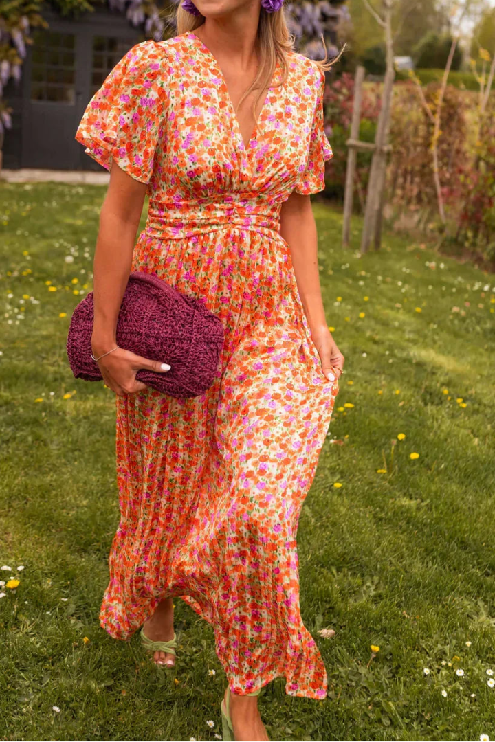 Women's Floral Maxi Dress - V-Neck Short Sleeve Pleated Skirt