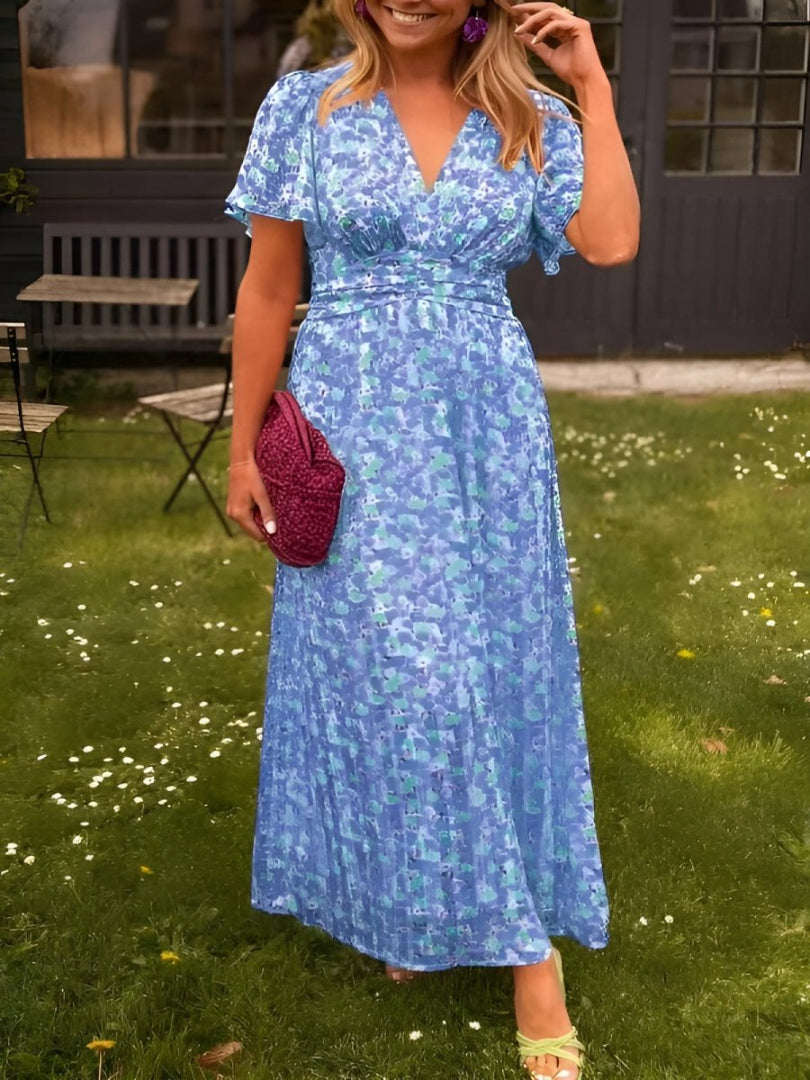 Women's Floral Maxi Dress - V-Neck Short Sleeve Pleated Skirt