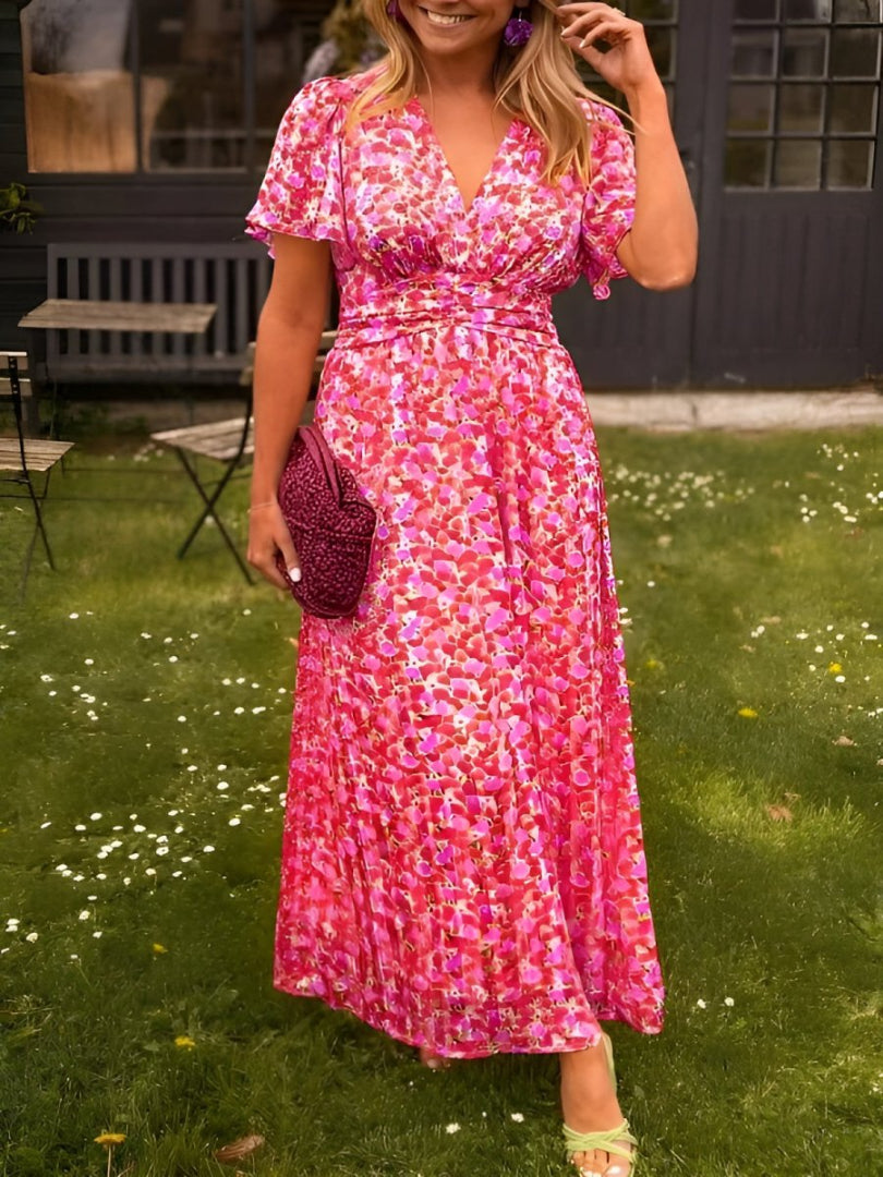 Women's Floral Maxi Dress - V-Neck Short Sleeve Pleated Skirt