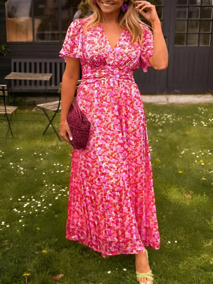Women's Floral Maxi Dress - V-Neck Short Sleeve Pleated Skirt