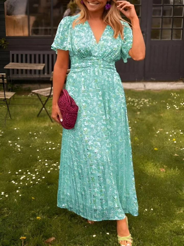 Women's Floral Maxi Dress - V-Neck Short Sleeve Pleated Skirt