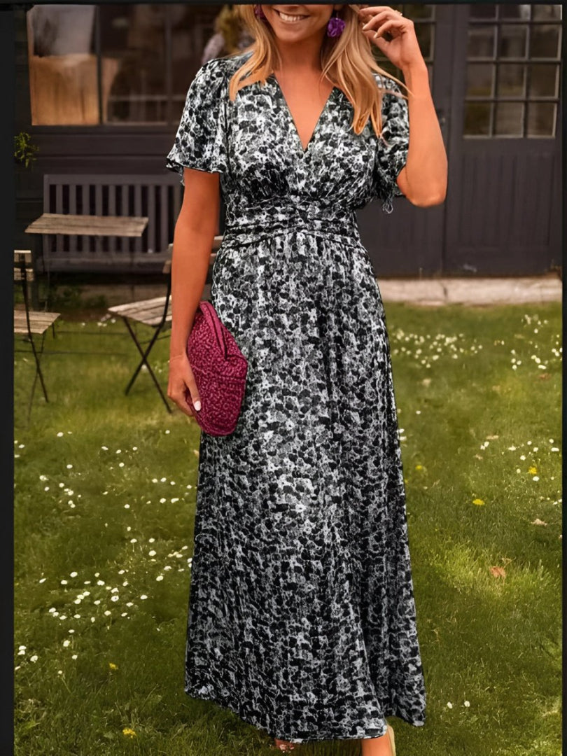 Women's Floral Maxi Dress - V-Neck Short Sleeve Pleated Skirt