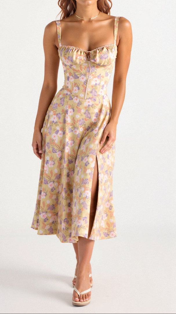 Women's Floral Midi Dress - Bustier Bodice Thigh Slit A-Line