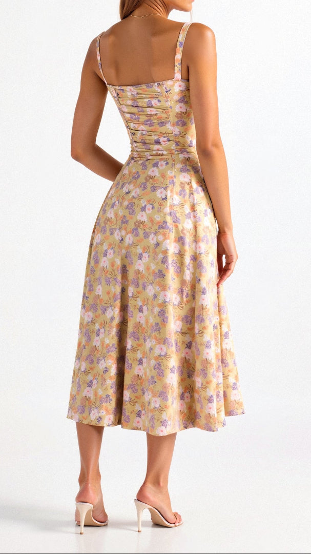 Women's Floral Midi Dress - Bustier Bodice Thigh Slit A-Line