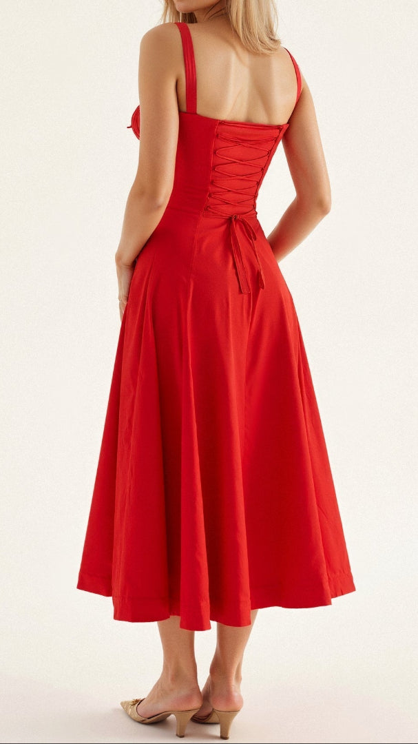 Women's Floral Midi Dress - Bustier Bodice Thigh Slit A-Line
