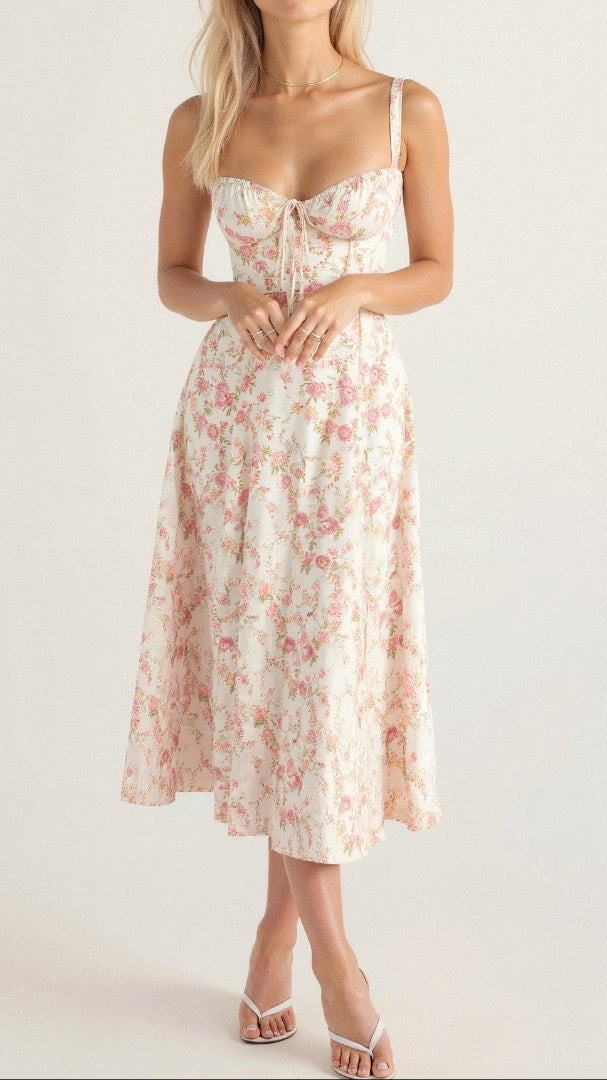 Women's Floral Midi Dress - Bustier Bodice Thigh Slit A-Line