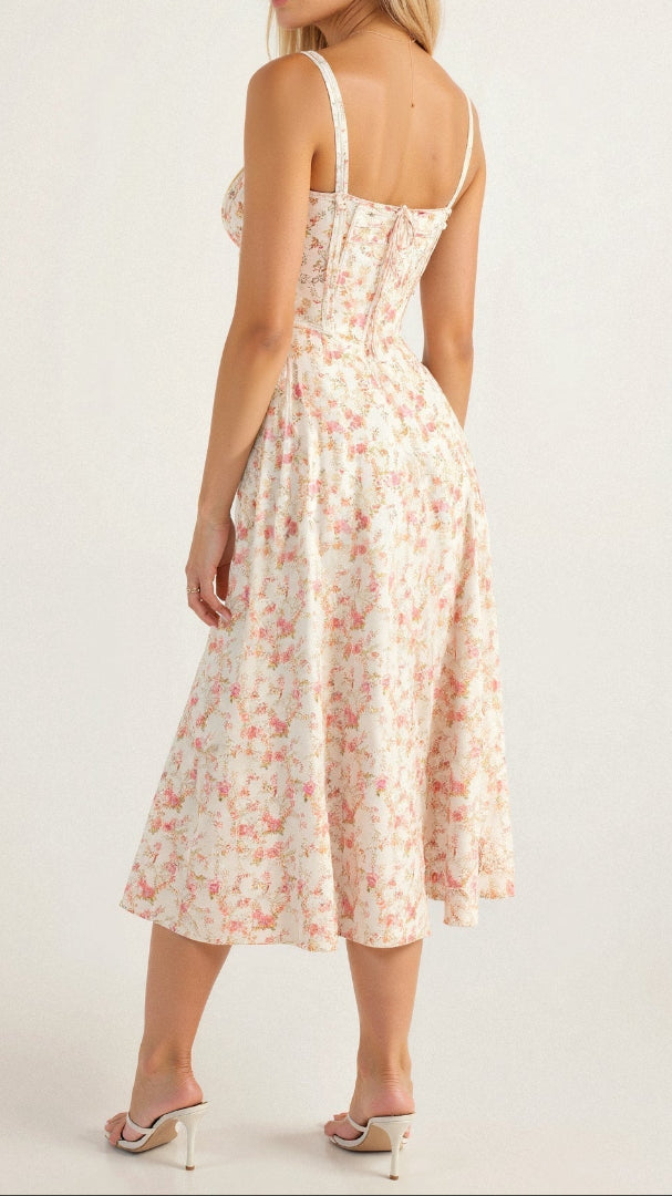Women's Floral Midi Dress - Bustier Bodice Thigh Slit A-Line