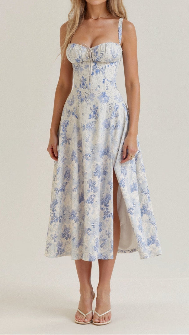 Women's Floral Midi Dress - Bustier Bodice Thigh Slit A-Line