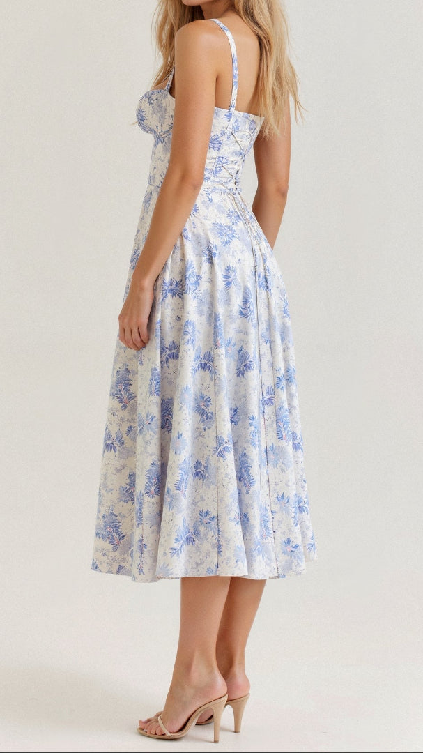 Women's Floral Midi Dress - Bustier Bodice Thigh Slit A-Line