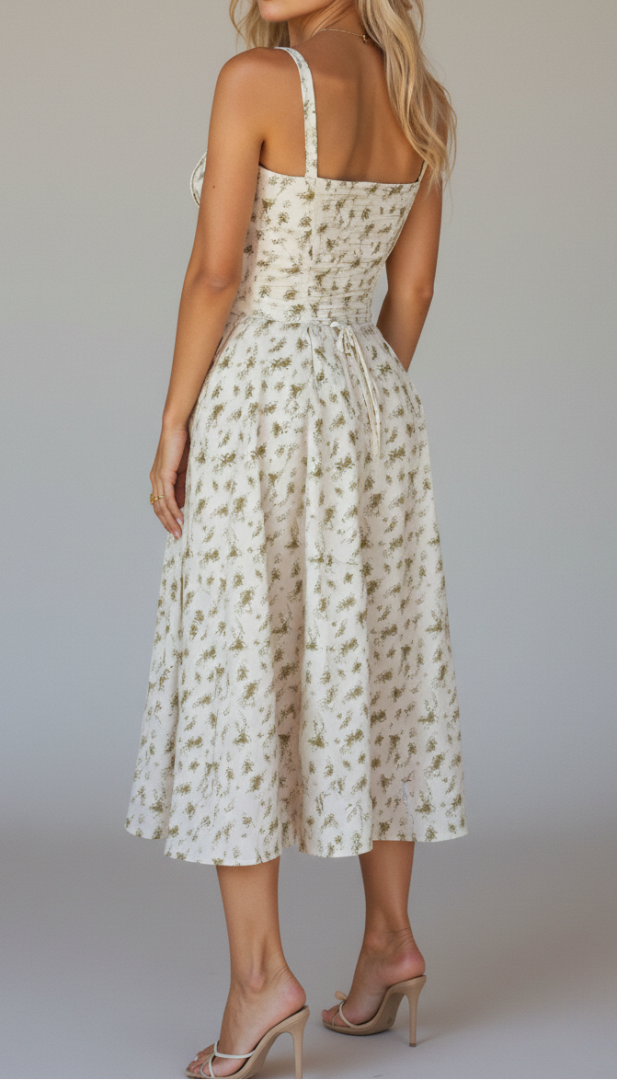 Women's Floral Midi Dress - Bustier Bodice Thigh Slit A-Line